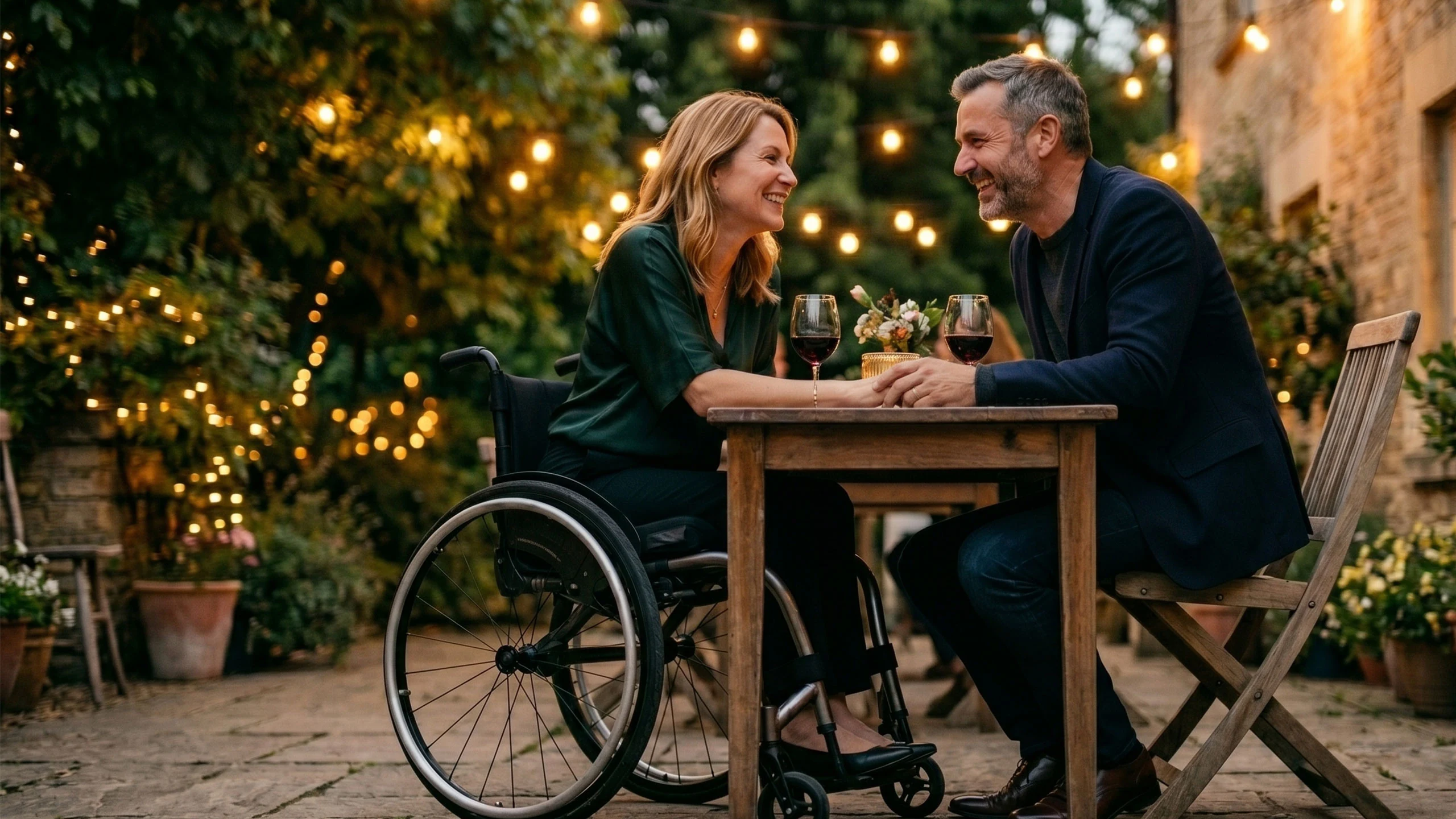 A couple sharing a tender moment at dusk; one partner is a wheelchair user